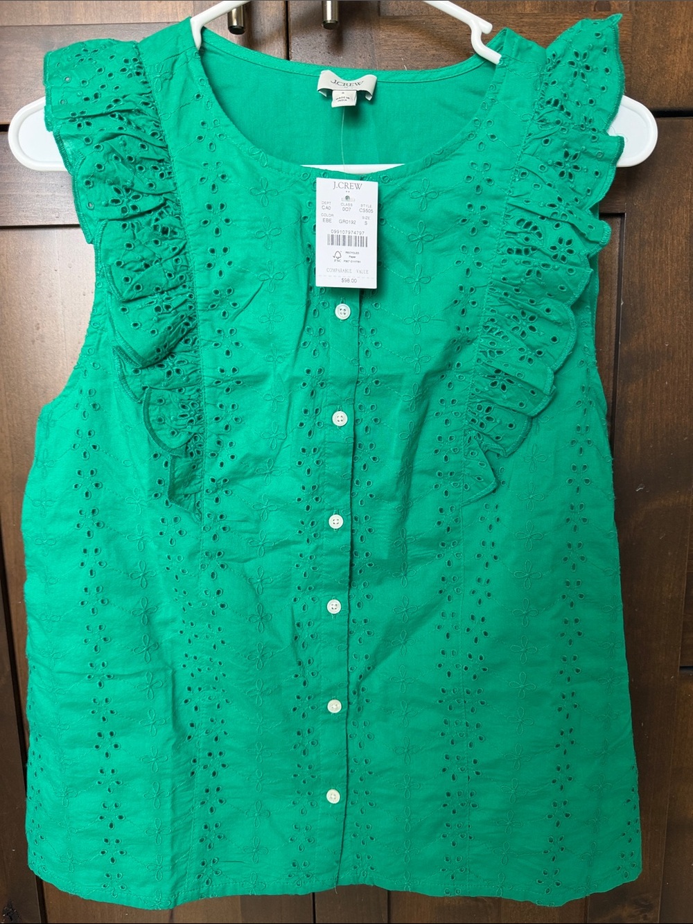 Brand new J. Crew Green Eyelet Ruffle Sleeveless Button-Front Top